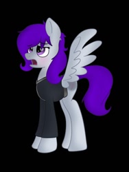 Size: 960x1280 | Tagged: safe, artist:doodle-hooves, oc, oc only, oc:morning glory (project horizons), pegasus, pony, fallout equestria, fallout equestria: project horizons, black background, blushing, branded, clothes, dashite, dashite brand, eyebrows, eyebrows visible through hair, fanfic art, female, female oc, looking up, mare, mare oc, one wing out, one winged pegasus, open mouth, pegasus oc, side view, simple background, solo, wings