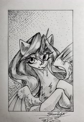 Size: 2667x3846 | Tagged: safe, artist:jsunlight, princess celestia, alicorn, pony, g4, chest fluff, horn, looking at you, partially open wings, signature, solo, traditional art, wings