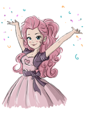 Size: 2133x3200 | Tagged: safe, artist:deedo781, pinkie pie, human, g4, blushing, clothes, confetti, dress, female, humanized, simple background, smiling, solo, white background