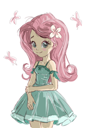 Size: 2133x3200 | Tagged: safe, artist:deedo781, fluttershy, butterfly, human, equestria girls, g4, bare shoulders, blush sticker, blushing, clothes, dress, female, simple background, smiling, solo, white background