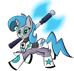 Size: 2004x1910 | Tagged: safe, artist:vareb, oc, oc only, oc:tango starfall, pony, unicorn, armor, axe, blue eyes, blue mane, blue tail, boots, female, gray coat, horn, laser axe, mare, power armor, prancing, shoes, simple background, smiling, solo, tail, transparent background, weapon