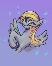 Size: 1920x2400 | Tagged: safe, artist:an25darkking, derpy hooves, pegasus, pony, g4, cute, derp, derpabetes, female, flag, mare, mouth hold, raised hoof, signature, simple background, solo, spread wings, stars, wings