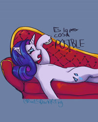 Size: 1920x2400 | Tagged: safe, artist:an25darkking, rarity, pony, unicorn, g4, fainting couch, female, horn, mare, marshmelodrama, rarity being rarity, solo, spanish, the worst possible thing