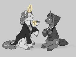 Size: 3702x2768 | Tagged: safe, artist:birdoffnorth, fancypants, oc, unicorn, g4, bowtie, button-up shirt, clothes, cup, dress shirt, duo, duo male, facial hair, grayscale, horn, looking at each other, looking at someone, magic, male, monochrome, monocle, moustache, necktie, partial color, shirt, sitting, stallion, stallion oc, suit, tailcoat, teacup, tuxedo, unshorn fetlocks, vest, waistcoat