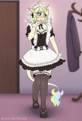 Size: 1280x1878 | Tagged: safe, artist:acry-artwork, oc, oc only, oc:acry, oc:acry weaver, unicorn, anthro, unguligrade anthro, clothes, horn, indoors, maid, solo, unicorn oc