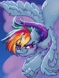 Size: 1500x2000 | Tagged: safe, artist:an25darkking, rainbow dash, pegasus, pony, g4, bust, cloud, female, mare, portrait, signature, smiling, solo