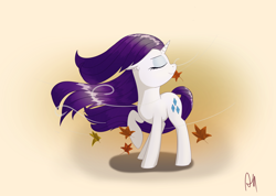 Size: 5102x3638 | Tagged: safe, artist:azilluwu, rarity, pony, unicorn, g4, autumn, autumn leaves, eyes closed, female, horn, leaves, mare, signature, smiling, solo, tail, windswept mane, windswept tail