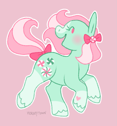 Size: 695x745 | Tagged: safe, artist:greengrizz, minty, earth pony, g3, 2021, blushing, bow, colored, eyelashes, feathering, female, flat colors, green fur, green hooves, hair bow, heart, heart mark, hooves, open mouth, open smile, outline, pink background, pink eyes, pink mane, pink tail, side view, signature, simple background, smiling, solo, tail, tail bow, two toned mane, two toned tail, white outline