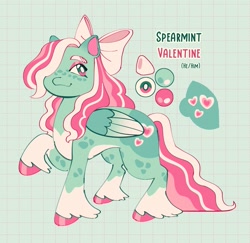 Size: 1889x1839 | Tagged: safe, artist:okidraw, oc, oc:spearmint valentine, pegasus, pony, g3, bow, coat markings, colored wings, cute, folded wings, gradient wings, hair bow, male, not minty, ocbetes, ponysona, pronouns, reference sheet, socks (coat markings), stallion, text, three toned mane, unshorn fetlocks, wings