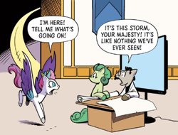 Size: 412x313 | Tagged: safe, artist:andy price, idw, official comic, zipp storm, pegasus, pony, g5, my little pony: the storm of zephyr heights, official, the storm of zephyr heights #1, spoiler:comic, spoiler:g5, spoiler:g5comic, female, glasses, male, mare, stallion, trio, unnamed character, unnamed pony