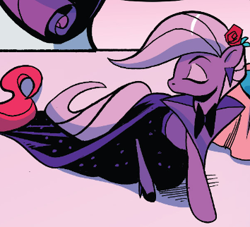 Size: 354x322 | Tagged: safe, artist:andy price, idw, official comic, earth pony, pony, friendship is magic #64, g4, official, spoiler:comic, 80's fashion, 80s, 80s hair, big hair, clothes, elegant rarity-pommel model, female, festival noire, horn, mare, solo