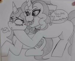 Size: 3573x2897 | Tagged: safe, artist:mashee, adagio dazzle, oc, oc:mashee, pony, unicorn, equestria girls, g4, my little pony equestria girls: rainbow rocks, anniversary, blushing, choker, compliment, duo, equestria girls ponified, fangs, female, flirting, horn, lying down, mare, monochrome, ponified, ponysona, shipping, traditional art, vampire teeth