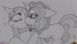 Size: 3459x1993 | Tagged: safe, artist:mashee, adagio dazzle, oc, oc:mashee, pony, unicorn, g4, blushing, cheek kiss, choker, confused, duo, duo female, equestria girls ponified, female, horn, horny, kinky, kissing, lying down, lying on pony, monochrome, ponified, ponysona, shipping, shocked, shocked expression, traditional art