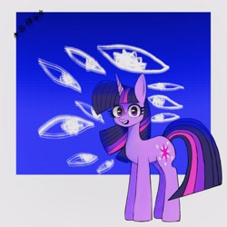 Size: 3148x3148 | Tagged: safe, artist:love-cat68, twilight sparkle, pony, unicorn, g4, blue background, eye, eyes, female, gradient background, gray background, horn, looking at you, mare, open mouth, patterned background, solo, text, two toned background, unicorn twilight