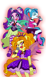 Size: 600x1000 | Tagged: safe, artist:lindasaurie, derpibooru exclusive, adagio dazzle, aria blaze, sonata dusk, human, rainbow rocks 10th anniversary, equestria girls, g4, my little pony equestria girls: rainbow rocks, armband, bare shoulders, belt, boots, clothes, colored lineart, cutie mark on clothes, dress, eye clipping through hair, eyebrows, eyebrows visible through hair, eyes closed, female, fin wings, fins, gem, glowing, hair accessory, holding, looking at you, microphone, open mouth, ponied up, pony ears, ponytail, shoes, simple background, singing, siren gem, sleeveless, the dazzlings, transparent background, trio, trio female, wings