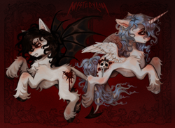 Size: 1280x941 | Tagged: safe, artist:mystery-lou, oc, oc only, alicorn, bat pony, pony, alicorn oc, chest fluff, duo, eyebrow piercing, female, horn, mare, piercing, siblings, sisters, spread wings, unshorn fetlocks, wings