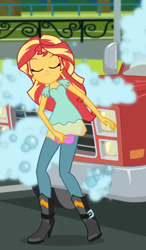 Size: 751x1284 | Tagged: safe, edit, edited screencap, screencap, sunset shimmer, equestria girls, equestria girls specials, g4, my little pony equestria girls: dance magic, boots, clothes, cropped, female, high heel boots, high heels, leggings, outdoors, pants, shoes, skirt, smiling, soap, solo, truck