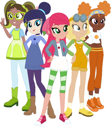 Size: 566x641 | Tagged: safe, artist:selenaede, artist:sturk-fontaine, human, equestria girls, g4, afro hair, afro puffs, base used, beanie, berry in the big city, blueberry muffin (strawberry shortcake), boots, clothes, curly hair, dark skin, equestria girls-ified, glasses, goggles, hair bun, hat, high heel boots, human coloration, lemon meringue (strawberry shortcake), light skin, lime chiffon, midriff, orange blossom (strawberry shortcake), orange hair, overalls, pigtails, shoes, simple background, sneakers, strawberry shortcake, strawberry shortcake (character), strawberry shortcake berry in the big city, trainers, twintails, white background