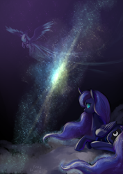 Size: 2059x2912 | Tagged: safe, artist:shu-jeantte, princess luna, alicorn, pony, g4, cloud, curved horn, cutie mark, ethereal mane, female, flying, galaxy, horn, large wings, looking at you, looking back, looking back at you, lying down, mare, prone, solo, space, starry mane, stars, wings