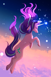 Size: 1563x2344 | Tagged: dead source, safe, artist:silberhoernchen, starlight glimmer, horse, pony, unicorn, g4, autumn, beautiful, breakdown, cloud, concave belly, female, horn, magic, mare, sky, solo