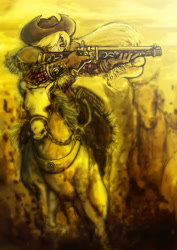 Size: 2059x2912 | Tagged: safe, artist:uzukinokaze, applejack, horse, human, g4, aiming, badass, female, gun, humanized, lever action rifle, riding, rifle, solo, weapon, western