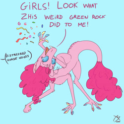 Size: 1920x1920 | Tagged: safe, artist:destrustor, pinkie pie, yinglet, g4, colored sclera, confetti, contortion, crossover, female, implied transformation, paw pads, paws, simple background, solo, species swap, speech impediment, text, toe beans, underpaw