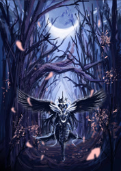 Size: 2059x2912 | Tagged: safe, artist:uzukinokaze, princess luna, human, g4, armor, badass, female, forest, glowing, glowing eyes, humanized, moon, nature, night, outdoors, petals, solo, tree, winged humanization, wings