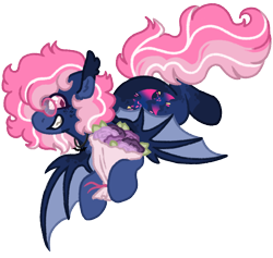 Size: 1056x1000 | Tagged: safe, artist:kazmuun, oc, oc only, oc:phantasmal luminescence, bat pony, pony, bat pony oc, blue coat, blush lines, blushing, bouquet, bouquet of flowers, coat markings, colored, colored eyelashes, colored legs, colored lineart, colored muzzle, colored pinnae, colored pupils, colored wings, curly mane, ear fluff, ear tufts, female, female oc, flat colors, flower, fluffy mane, fluffy tail, flying, freckles, glasses, jewelry, leg markings, long tail, looking back, mare, mare oc, necklace, pale muzzle, pink eyes, pink mane, pink pupils, pink tail, profile, purple eyelashes, round glasses, short mane, signature, simple background, solo, striped mane, striped tail, tail, three toned mane, three toned tail, transparent background, two toned pinnae, two toned wings, unusual pupils, wing markings, wings, wings down