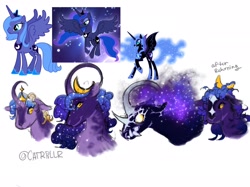 Size: 2048x1535 | Tagged: safe, artist:catrpillr, nightmare moon, princess luna, alicorn, goat, pony, g4, bust, crown, curved horn, female, flying, gradient mane, horizontal pupils, horn, jewelry, mare, moon, regalia, royalty, screencap reference, simple background, solo, spread wings, white background, wings