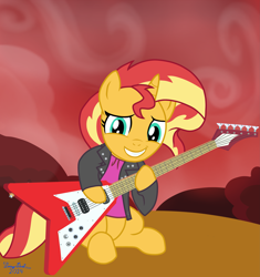 Size: 3759x4000 | Tagged: safe, artist:twiny dust, derpibooru exclusive, sunset shimmer, pony, unicorn, rainbow rocks 10th anniversary, equestria girls, g4, my little pony equestria girls: rainbow rocks, clothes, electric guitar, female, guitar, horn, jacket, leather, leather jacket, mare, musical instrument, sitting, smiling, solo