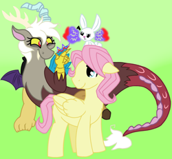 Size: 3024x2798 | Tagged: safe, artist:chaosimp2006, angel bunny, discord, fluttershy, draconequus, pegasus, rabbit, g4, animal, butterscotch, eris, gradient background, rule 63, show accurate, trio