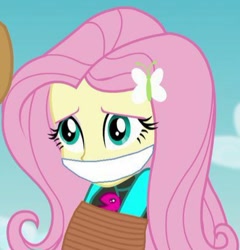 Size: 392x409 | Tagged: safe, edit, edited screencap, screencap, fluttershy, human, equestria girls, equestria girls specials, g4, my little pony equestria girls: forgotten friendship, bondage, cloth gag, clothes, cropped, gag, outdoors, rope, rope bondage, solo, swimsuit, wetsuit