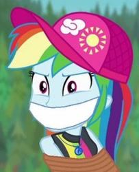 Size: 257x316 | Tagged: safe, edit, edited screencap, screencap, rainbow dash, human, equestria girls, equestria girls specials, g4, my little pony equestria girls: forgotten friendship, bondage, cloth gag, clothes, cropped, gag, hat, jewelry, necklace, outdoors, rope, rope bondage, solo, swimsuit