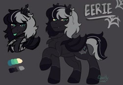 Size: 4000x2788 | Tagged: safe, artist:ghastlyexists, oc, oc only, oc:eerie, bat pony, pony, coat markings, ear piercing, earring, gray background, jewelry, male, piercing, reference sheet, simple background, smiling, socks (coat markings), stallion, two toned mane