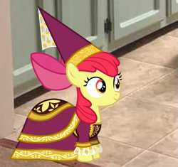 Size: 669x628 | Tagged: safe, artist:jeatz-axl, edit, apple bloom, earth pony, pony, for whom the sweetie belle toils, g4, my little pony: friendship is magic, apple bloom's bow, bow, clothes, cute, dress, female, hair bow, happy, hat, hennin, indoors, long sleeves, princess, princess apple bloom, real life background, smiling, solo