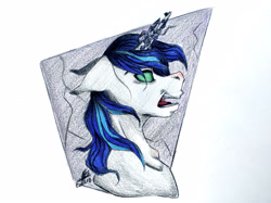 Size: 2592x1936 | Tagged: safe, artist:galaxyscreamer, shining armor, pony, unicorn, g4, bust, ears back, horn, horn crystals, magic suppression, male, profile, solo, sombra eyes, stallion, traditional art