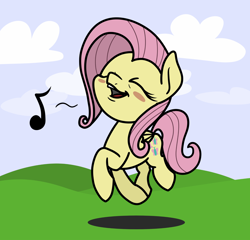 Size: 2048x1968 | Tagged: safe, artist:ewoudcponies, fluttershy, pegasus, pony, g4, blush sticker, blushing, cute, eyes closed, female, mare, music notes, open mouth, open smile, outdoors, shyabetes, smiling, solo, trotting