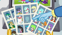 Size: 1920x1080 | Tagged: safe, screencap, applejack, blueberry cake, bright idea, bulk biceps, captain planet, cherry crash, curly winds, derpy hooves, dj pon-3, fluttershy, lyra heartstrings, micro chips, normal norman, octavia melody, paisley, pinkie pie, rainbow dash, rarity, rose heart, sci-twi, scribble dee, some blue guy, sophisticata, spike, spike the regular dog, starlight, sunset shimmer, sweet leaf, thunderbass, trixie, twilight sparkle, valhallen, vinyl scratch, dog, equestria girls, equestria girls specials, g4, my little pony equestria girls: better together, my little pony equestria girls: forgotten friendship, background human, female, humane five, humane seven, humane six, implied wallflower blush, male, missing, offscreen character, photo, pointing, snow, this will end in tears, yearbook, yearbook photo