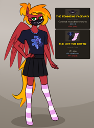 Size: 1821x2478 | Tagged: safe, artist:moonatik, nightmare moon, oc, oc only, oc:moonatik, pegasus, anthro, unguligrade anthro, g4, anthro oc, clothes, crossdressing, face mask, glasses, hair bun, male, mask, outfit, pegasus oc, skirt, socks, solo, stallion, striped socks, team fortress 2