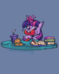 Size: 1920x2400 | Tagged: safe, artist:an25darkking, twilight sparkle, pony, unicorn, g4, book, burger, female, food, glowing, glowing horn, hay burger, horn, magic, mare, messy eating, reading, signature, simple background, solo, telekinesis, twilight burgkle, unicorn twilight