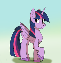 Size: 3600x3669 | Tagged: safe, artist:tempestshine, twilight sparkle, alicorn, pony, g4, cheek fluff, chest fluff, colored hooves, ear fluff, female, gradient background, grass, hooves, leg fluff, mare, profile, raised hoof, smiling, solo, twilight sparkle (alicorn), unshorn fetlocks