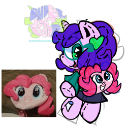 Size: 1482x1482 | Tagged: safe, artist:endercatcore, pinkie pie, oc, oc only, oc:artshine aura, original species, plush pony, pony, unicorn, anthro, g4, backpack, glasses, horn, plushie, ponysona, simple background, sketch, solo, unicorn oc, white background