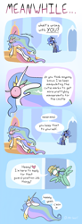 Size: 1024x2779 | Tagged: safe, artist:me-beef, princess celestia, princess luna, zephyr breeze, alicorn, pegasus, pony, g4, bipedal, bloodshot eyes, coffee mug, comic, dialogue, female, high, male, mare, mug, newspaper, s1 luna, sitting, speech bubble, stallion, throne, throne room, trio