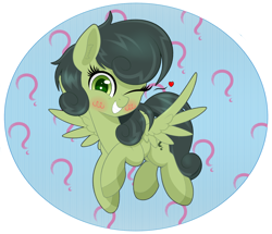 Size: 2500x2148 | Tagged: safe, artist:scandianon, oc, oc only, oc:filly anon, pegasus, pony, blush scribble, blushing, female, filly, foal, happy, heart, hooves, looking at you, one eye closed, question mark, smiling, smiling at you, solo, spread wings, tilde, wings, wink, winking at you