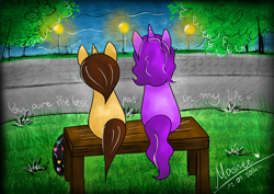 Size: 7016x4961 | Tagged: safe, artist:mashee, oc, oc only, oc:ell, oc:mashee, pony, unicorn, backpack, bench, besties, brown mane, calm, couple, duo, evening, grass, horn, horns, light, lightning, lovely, natural, outdoors, purple coat, purple hair, quote, together forever, tree, water, yellow coat