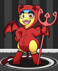 Size: 3066x3730 | Tagged: safe, artist:duckie, oc, oc only, oc:bubble "duckie" bath, devil, pegasus, pony, abdl, bat wings, bipedal, clothes, devil horns, devil tail, fangs, hoodie, hoof on hip, horns, implied diaper, looking at you, onesie, open mouth, pitchfork, rug, socks, solo, tail, wings