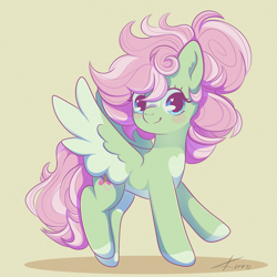 Size: 2048x2048 | Tagged: safe, artist:kuroartss, fluttershy, pegasus, pony, g4, alternate coat color, alternate color palette, alternate design, blush sticker, blushing, colored hooves, colored wings, colored wingtips, female, green background, heart, heart eyes, hooves, looking at you, mare, pale belly, redesign, signature, simple background, smiling, smiling at you, solo, spread wings, wingding eyes, wings