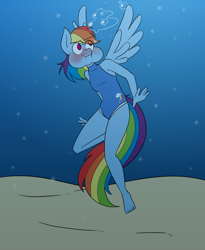 Size: 2300x2800 | Tagged: safe, artist:aquaglubs, rainbow dash, pegasus, anthro, g4, athletic, blue swimsuit, blushing, bubble, cheeks, clothes, female, flapping wings, holding breath, looking up, ocean, one-piece swimsuit, sand, solo, spread wings, swimming, swimsuit, underwater, water, wings