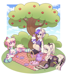 Size: 2649x3000 | Tagged: safe, artist:madelinne, oc, oc only, apple, apple tree, basket, cake, clothes, cup, donut, eating, female, food, male, mare, outdoors, passepartout, picnic, picnic basket, picnic blanket, sandwich, socks, stallion, striped socks, talking, teacup, teapot, tree