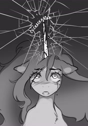 Size: 2882x4096 | Tagged: safe, artist:opalacorn, oc, oc only, oc:starlight, alicorn, pony, alicorn oc, black and white, broken glass, broken horn, bust, female, floppy ears, gradient background, grayscale, horn, long horn, looking up, mare, monochrome, wings